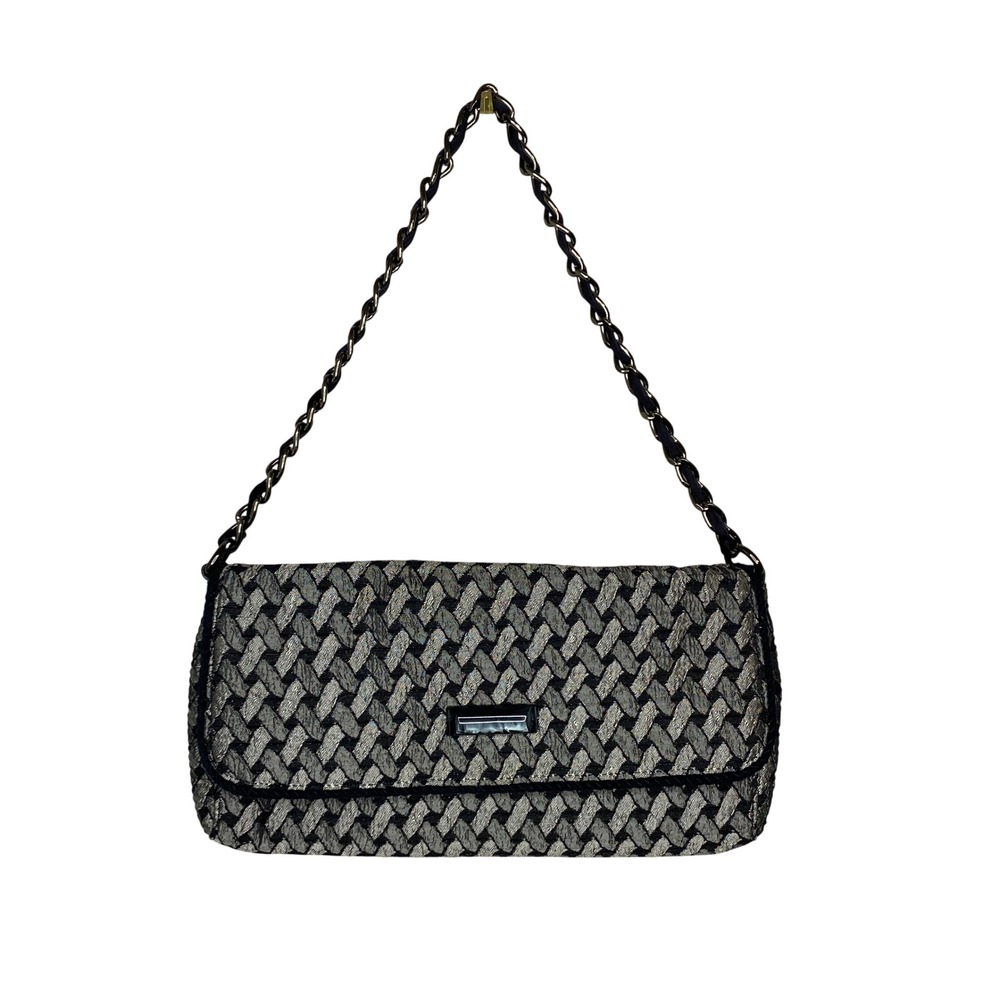 Talbots Woven Metallic Silver Black Chain Strap Shoulder Bag Evening Clutch